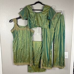 Approx Size S Iridescent Green Beaded 4 Piece Set Kurta Pants Dupatta & Crop Top